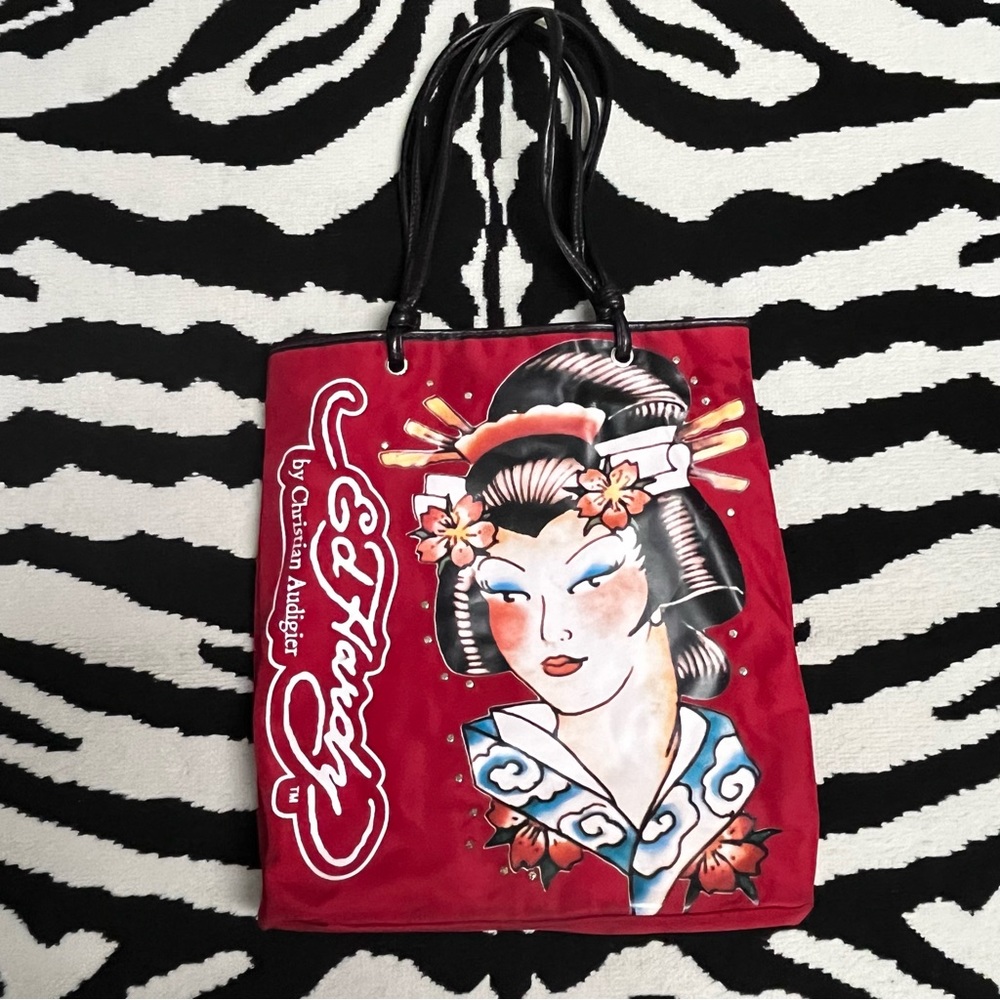 Ed Hardy by Christian Audigier Red Geisha Girl Tattoo Y2K Nylon Tote Bag